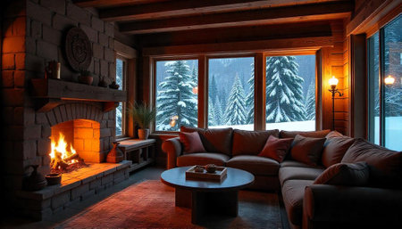 Cozy living room with fireplace and winter forest viewの写真素材
