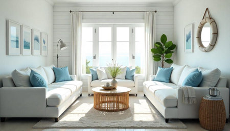 Bright and airy coastal style living room interior design