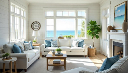 Coastal Living Room with Ocean View in Neutral Paletteの写真素材