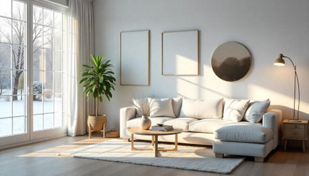 Bright modern living room with winter view outside window