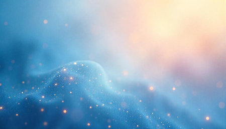 Abstract blue fabric background with golden bokeh lights overlay