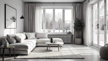 Bright modern living room interior with winter landscape view