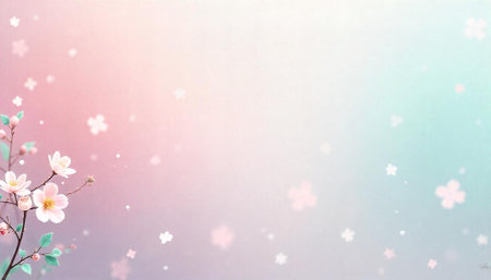 Delicate cherry blossoms on branch against pastel gradient backgroundの写真素材