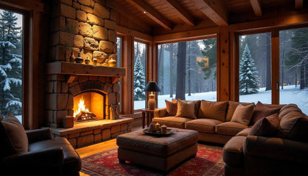 Cozy cabin interior with fireplace and snowy winter viewの写真素材