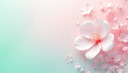 Delicate pink and white flowers on a pastel backgroundの写真素材