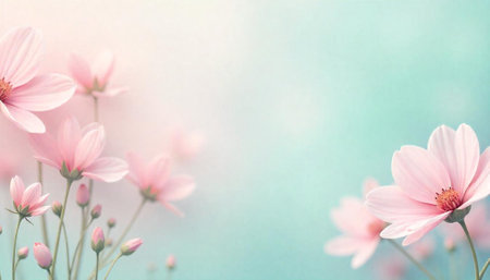 Soft pink cosmos flowers on a pastel gradient backgroundの写真素材