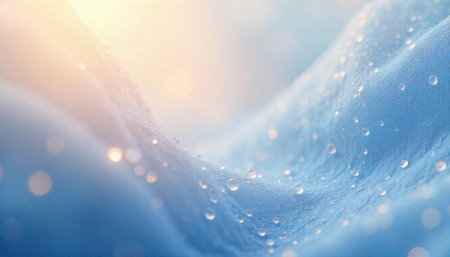 Delicate blue fabric with water droplets and soft lightingの写真素材