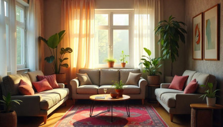 Sunlit living room with comfortable sofas and indoor plants