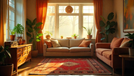 Warm sunlight floods a cozy, inviting living room sceneの写真素材