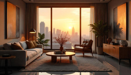 Luxury living room with city view during golden hour sunsetの写真素材