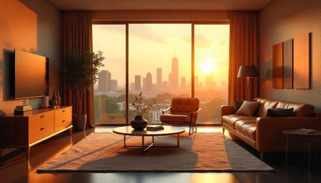Modern living room with cityscape view at sunset ambianceの写真素材