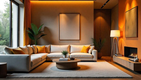Warm beige living room with corner sofa and fireplace