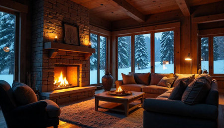 Cozy winter cabin interior with fireplace and snowy viewの写真素材