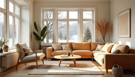 Neutral toned living room with view of winter landscape
