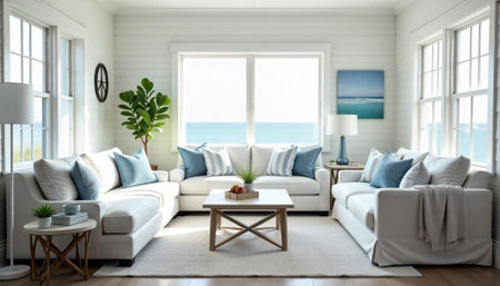 Bright coastal living room with white furniture and ocean viewの写真素材