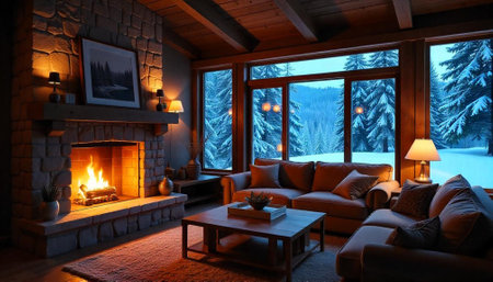 Cozy cabin interior with fireplace and snowy mountain view