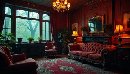 Elegant vintage living room interior with dark moody ambiance