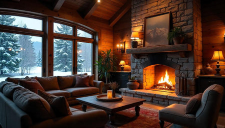 Cozy cabin interior with fireplace, wood and snowy landscapeの写真素材