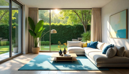 Sunlit modern living room with garden view and blue rugの写真素材
