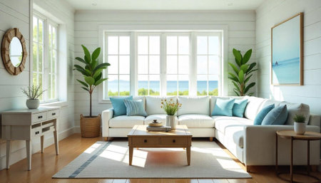 Bright living room with white sofa and coastal decor