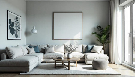 Bright living room interior with empty frame mockup above sofa