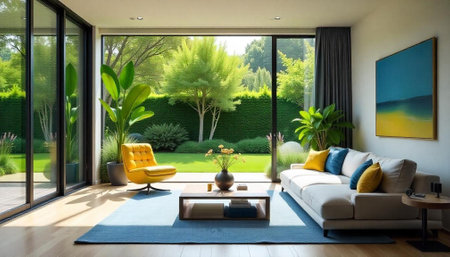 Modern living room with garden view and natural lightの写真素材