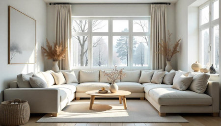 Cozy Living Room with Winter View in Neutral Tonesの写真素材