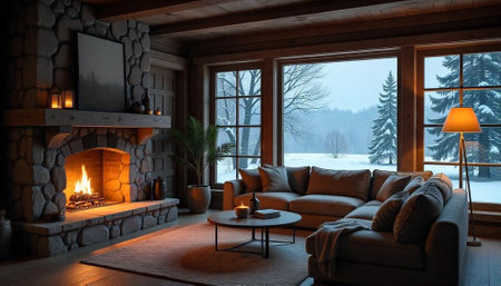 Cozy cabin interior with warm fireplace on winter dayの写真素材