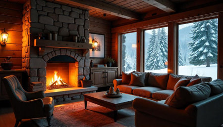 Cozy cabin interior with fireplace and snowy outdoor viewの写真素材