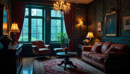Elegant vintage room interior with leather furniture and accents