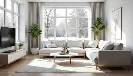 Bright Modern Living Room Interior with Winter View