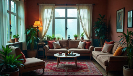 Warm Living Room with Vintage Rug and Natural Light