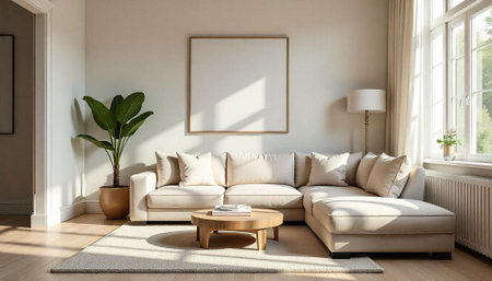 Modern living room interior with blank frame mockup designの写真素材