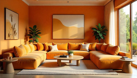 Warm orange living room with sectional sofa and artの写真素材
