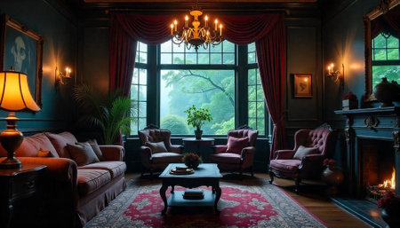 Ornate living room with fireplace, view to lush gardenの写真素材