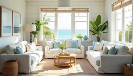 Bright coastal living room featuring white sofas and ocean viewの写真素材
