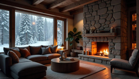 Cozy winter cabin interior with fireplace and snowy viewの写真素材