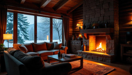 Cozy cabin interior with fireplace and winter landscape viewの写真素材