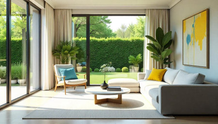 Bright living room with modern design and garden viewの写真素材