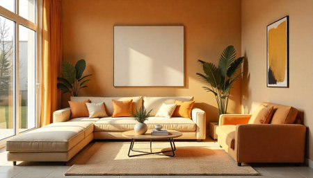 Comfortable living room in earth tones with blank canvasの写真素材