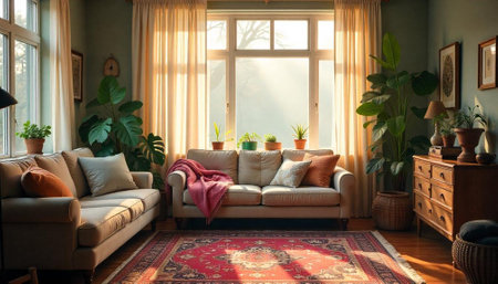 Cozy and bright living room interior with natural lightの写真素材