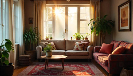 Cozy living room interior with natural light and plantsの写真素材