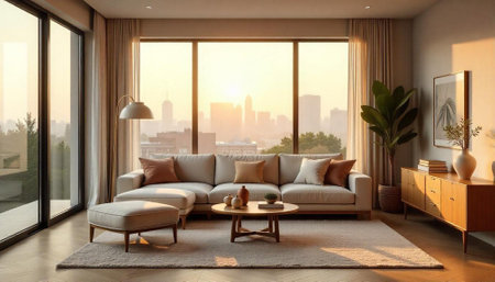 Modern living room interior design with a city view