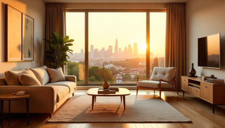 Contemporary living room with sunset city view ambianceの写真素材