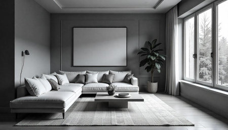 Monochromatic interior with modern furniture, minimalist decor, and winter view
