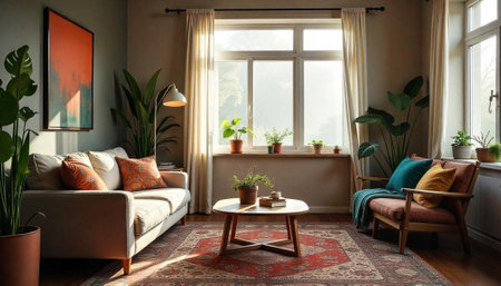 Cozy living room interior with natural light and plantsの写真素材