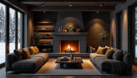Warm winter living room with fireplace and snowy landscapeの写真素材
