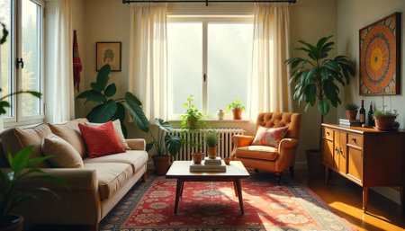 Cozy living room with plants and vintage furnitureの写真素材
