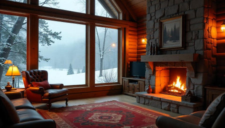 Cozy cabin interior with fireplace and snowy winter viewの写真素材