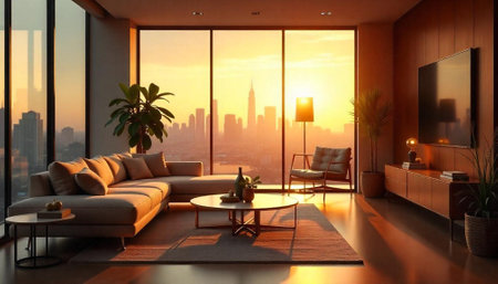 Living room with sofa and coffee table in modern apartment, 3d renderの写真素材